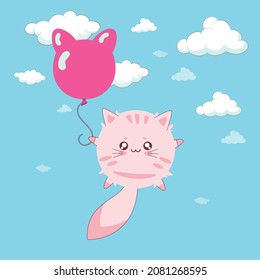 Funny cartoon pink cat with a balloon flying in the sky, cute vector illustration in flat style. Smiling fat kitten. Positive print for sticker, t-shirt, postcards, clothing, textiles, design, decor