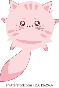 Funny cartoon pink cat, cute vector illustration in flat style. Smiling fat kitten. Positive print for sticker, T-shirt, cards, clothes, textile, design and decor