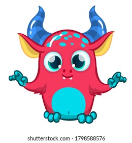 Funny cartoon pink fat monster. Vector illustration of cute monster with big horns