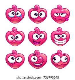 Funny cartoon pink  jelly monster with different emotions. Vector icons, isolated on white background.