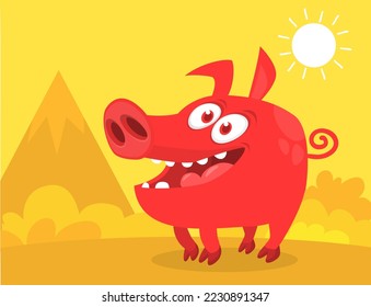 Funny cartoon pink pig. Farm animals. Illustration of a smiling piggy isolated