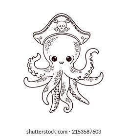 Funny cartoon pirate captain octopus. Black and white linear, contour drawing. Doodle style. Marine theme. For children's design of coloring books, prints, posters, postcards, cards, banners and so on