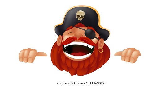 Funny cartoon pirate character laughing, sticking, and holding an empty sign or banner. Vector illustration with hiding and peeking captain mascot isolated on white background