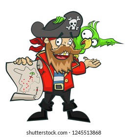 funny cartoon pirate with green parrot on the pirate solder, funny cartoon characters
