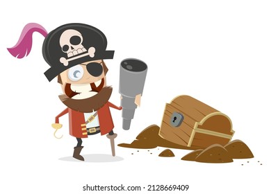funny cartoon pirate with treasure chest