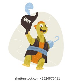 Funny cartoon of a pirate turtle holding a hat with a skull emblem, wearing a hook hand and bandana on a light background. Flat character illustration.