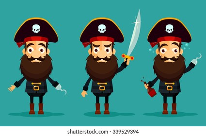 Funny Cartoon Pirates Holding Different Objects. Colorful Vector Set