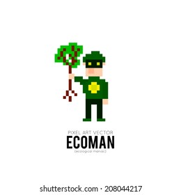 Funny cartoon pixel art superhero, defender of the ecology