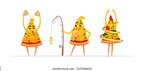 Funny Cartoon pizza characters. Seafood pizza. diet pizza. carbonara pizza.vector  Isolated on white background