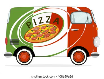 Funny cartoon pizza delivery van. Flat vector