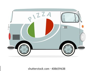 Funny cartoon pizza delivery van. Flat vector