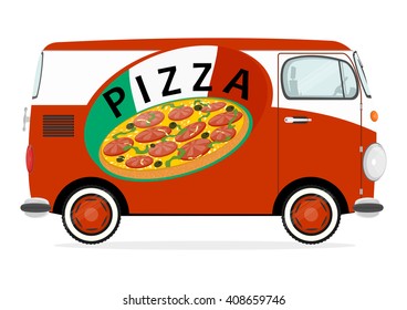 Funny cartoon pizza delivery van. Flat vector