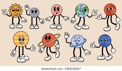 Funny cartoon planets of solar system characters. Mercury, Venus, Earth, Mars, Jupiter, Saturn, Uranus, Neptune mascots. Comic elements in trendy retro cartoon style. Vector illustration