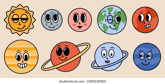 Graciosos planetas de dibujos animados de personajes del sistema solar. Mercurio, Venus, Tierra, Marte, Júpiter, Saturno, Urano, Paquete de emoticones para sorbos Neptune. Elementos cómicos de moda estilo retro de caricatura. Ilustración del vector
