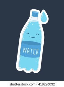 Funny cartoon plastic bottle of water with a drop. Vector illustration.