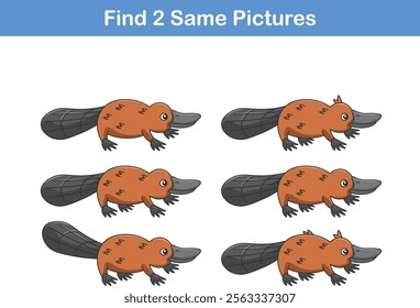 Funny cartoon platipus. Find two same pictures. Educational game for children. Cartoon vector illustration