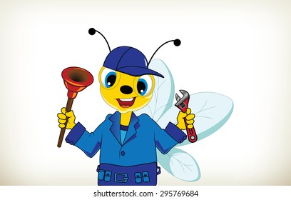 Funny cartoon plumber bee with hand-tools on white background