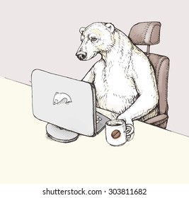 Funny cartoon: polar bear sitting on the writing desk in office  