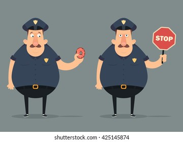 Funny Cartoon Policeman Holding Donut and Stop Sign. Vector Illustration