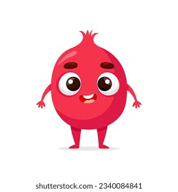Funny cartoon pomegranate. Kawaii fruit character. Vector food illustration isolated on white background.