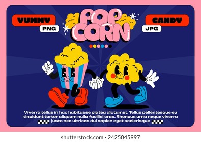 Funny cartoon popcorn character. Trendy bright poster. Vector mascot  with gloved hands illustration  in 90s style. Set of comic elements in trendy retro groovy style.