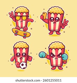 funny cartoon popcorn characters in different activities
