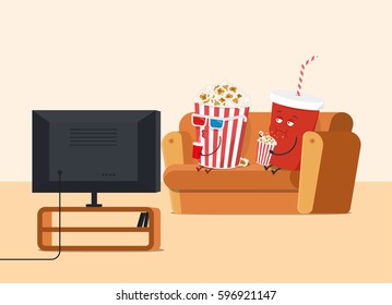 Funny cartoon popcorn and cola watching TV on the sofa. Vector illustration