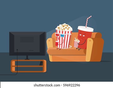 Funny cartoon popcorn and cola watching TV at night on the sofa. Vector illustration