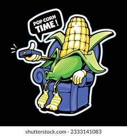 Funny cartoon popcorn watching TV at night on the sofa Vector illustration Flat Cartoon Style