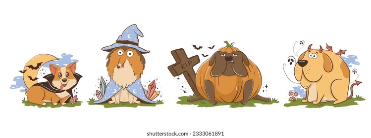 Funny cartoon poro dogs in halloween costumes. Scary funny character for halloween. Vector illustration of pets for the holiday.