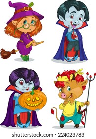 Funny cartoon.   Positive characters. Vector illustration of Halloween monster set. Isolated objects.                              Witch. Imp.vampire.