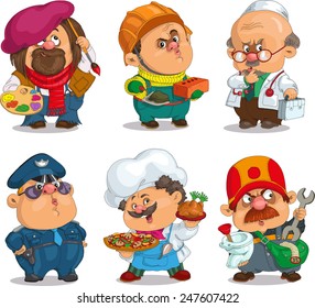 Funny cartoon. Positive characters. Vector illustration professions set. Artist, policeman, chef, doctor, plumber, builder. Isolated objects.