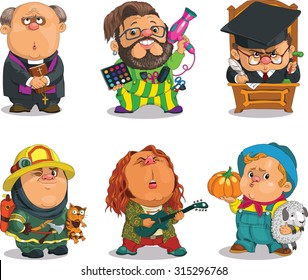 Funny cartoon. Positive characters. Vector illustration professions set. Parson, Stylist, Justice,Firefighter, Musician, Farmer.