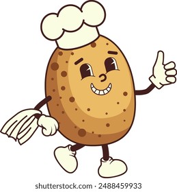 Funny cartoon potato chef walking and show thumb up illustration. Vegetable character, healthy food concept.