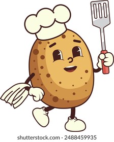 Funny cartoon potato chef walking and holding spatula illustration. Vegetable character, healthy food concept.