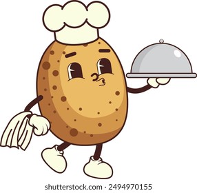 Funny cartoon potato chef walking and holding silver tray food illustration. Vegetable character, healthy food concept.