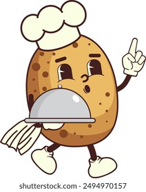 Funny cartoon potato chef walking and holding silver tray food illustration. Vegetable character, healthy food concept.