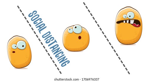 Funny cartoon potatoes characters friends keep a social distance. Social distancing concept  horizontal banner with cartoon funky group of people vegetables isolated on white background.