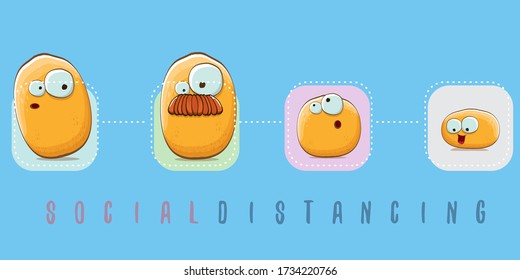 Funny cartoon potatoes characters friends keep a social distance. Social distancing concept  horizontal banner with cartoon funky group of people vegetables isolated on blue background.