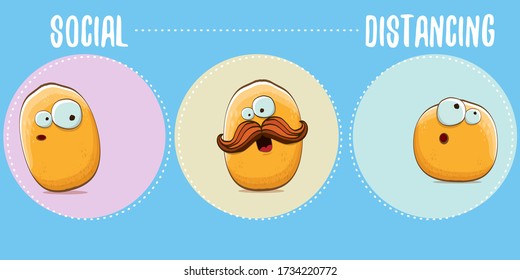 Funny cartoon potatoes characters friends keep a social distance. Social distancing concept  horizontal banner with cartoon funky group of people vegetables isolated on blue background.