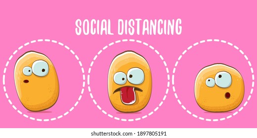 Funny cartoon potatoes characters friends keep a social distance. Social distancing concept horizontal banner with cartoon funky group of people vegetables isolated on pink background.