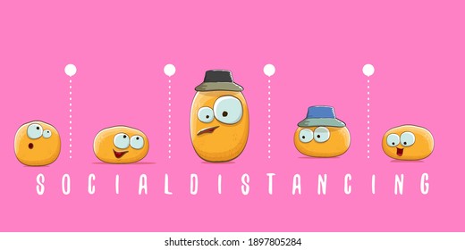 Funny cartoon potatoes characters friends keep a social distance. Social distancing concept horizontal banner with cartoon funky group of people vegetables isolated on pink background.