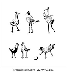 Funny cartoon poultry birds vector set. Illustration of rooster, hen, egg.