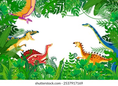 Funny cartoon prehistoric dinosaur in jungle forest frame. Vector rectangular border with vibrant cartoon dino characters and lush tropical foliage, palm tree leaves and ferns around a blank space