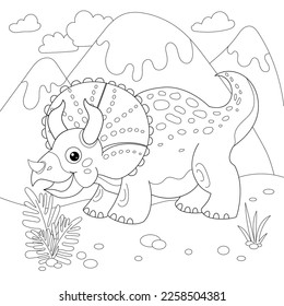 Funny cartoon prehistoric dinosaur Triceratops. Black and white linear drawing. For the design of children's coloring books, prints, posters, cards, stickers, puzzles, games and so on. Vector