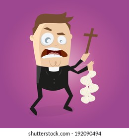 Funny Cartoon Priest Is Doing Exorcism