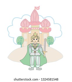 Funny cartoon prince and the beautiful castle of the princess