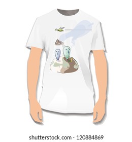 Funny cartoon printed on white shirt. Vector design.