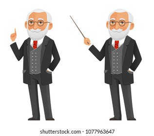 Funny Cartoon Professor Or Scientist In A Elegant Black Suit, Holding A Pointer. Serious Old Man, Presenting Or Teaching.