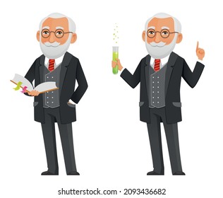 funny cartoon professor or scientist, holding a book and a laboratory tube. Cute senior man, in elegant black suit. Cartoon character. Isolated.